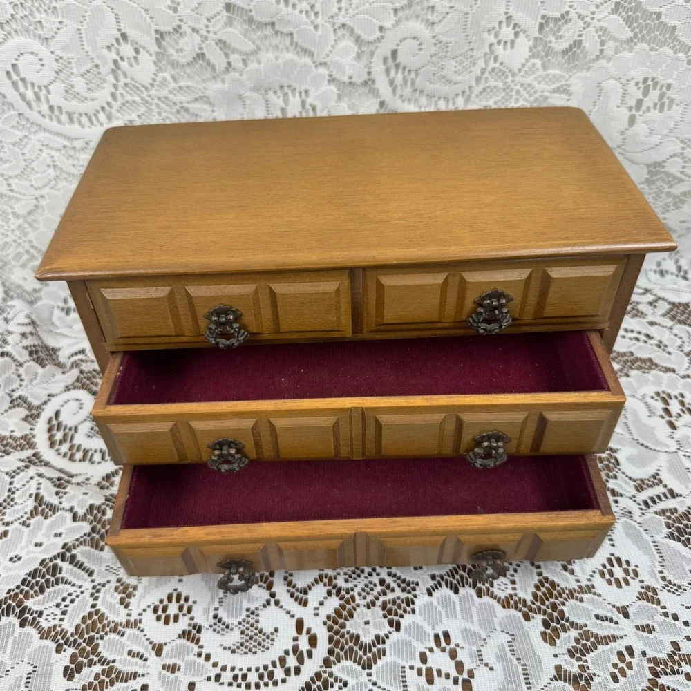 Vintage Wood Miniature Dresser Jewelry Music Box 4 Drawer Red Velvet Lining MCM